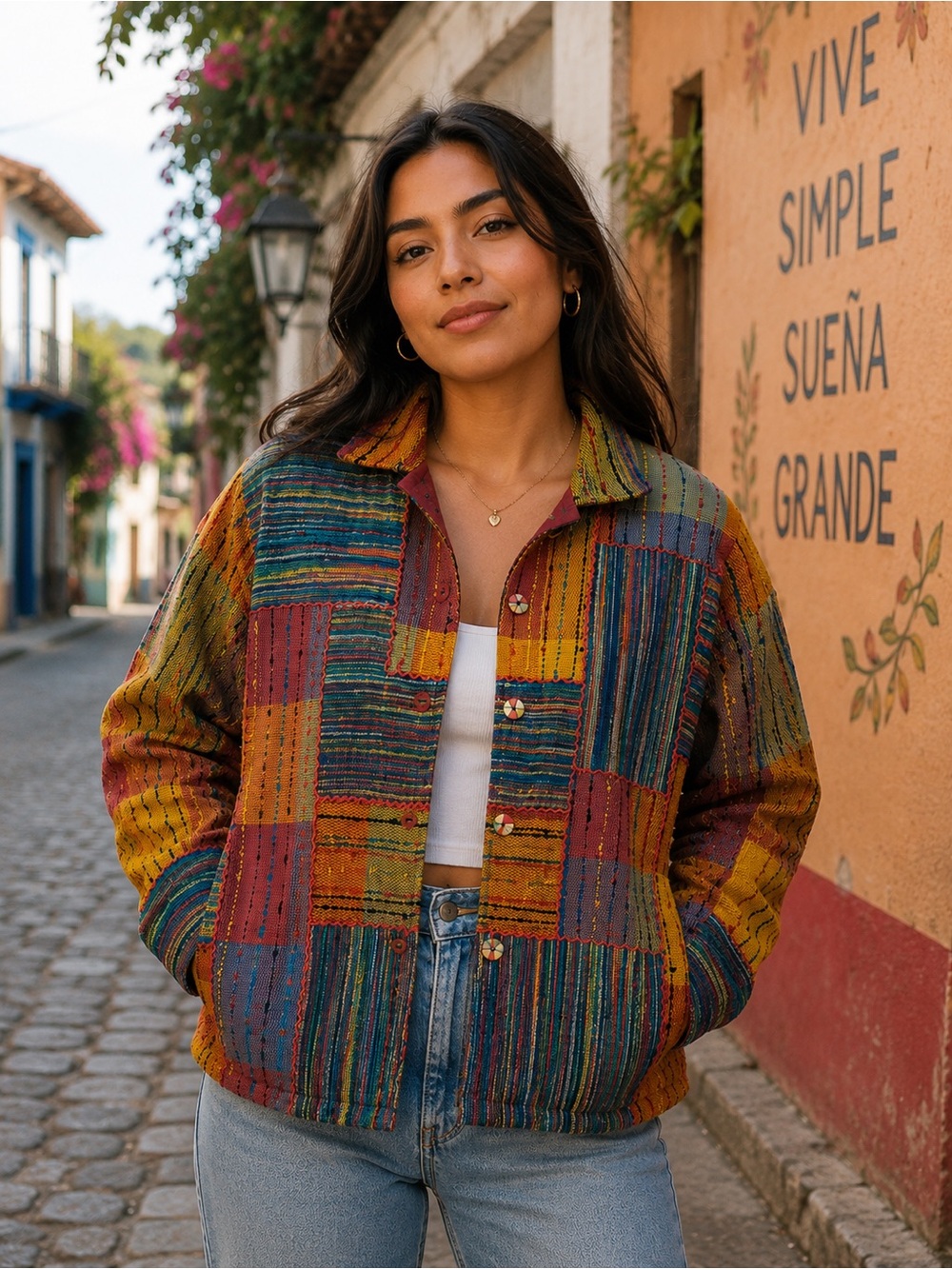 TravelSmith Multicolor Patchwork Knit Jacket — Yellow, Red, Blue art to wear 2X